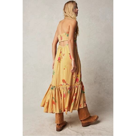 Free People Bohemian Rosie Posie Strapless Midi Dress Yellow Floral Size Large - Picture 3 of 11